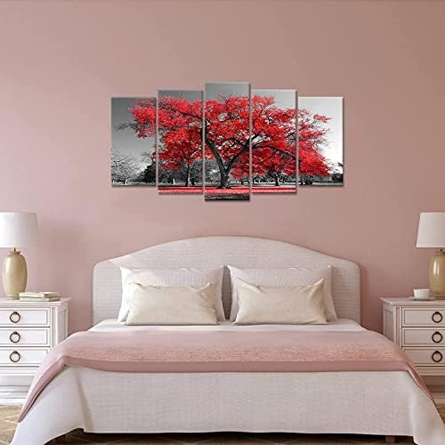 Decoração da sala de estar de arte de parede Árvore de outono vermelho 5 Home Home Accent Modern Dining Banheiro Decoração pronta para pendurar pintura para quarto