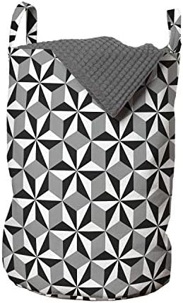 Bolsa de lavanderia geométrica de Ambesonne, estilo de ilusão de óptica Seis estrelas pontiagudas moldam composição de rhombus, cesto de cesto com alças fechamento de cordão para lavanderias, 13 x 19, cinza e branco