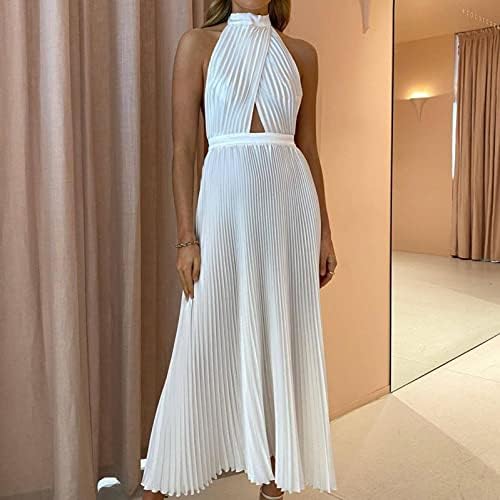 Mulheres à noite Longo Prom Dress Crossover Crossover Halter Neck Mleeless Pleated Dresses Cutout Backless Flowy A-Line Maxi