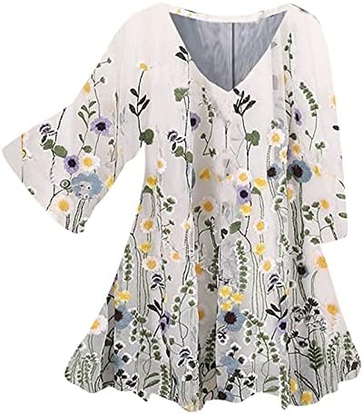 Blouses de verão para mulheres 2023 Trendy Floral Impresso Mid manga V pescoço solto e confortável túnica de túnica