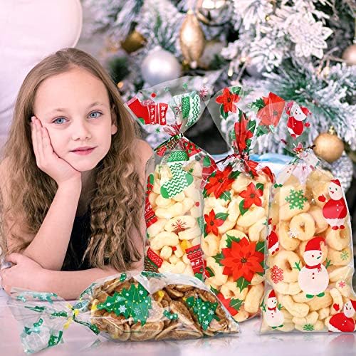 Sacos de celofane de 100 peças de Natal sacolas de doces de doces Sacos de tratamento com 150 peças Twist lances para materiais de embalagem de festa de Natal