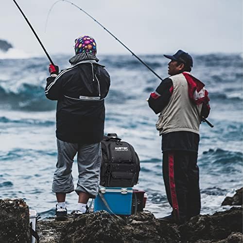 Mochila de tackle de pesca com aumtisc com 4 caixas de equipamento, porta -barra, cobertura de chuva protetora, bolsa de engrenagem
