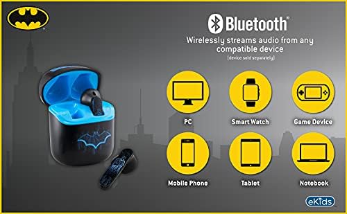 Ekids Batman Bluetooth fones de ouvido com microfones, fones de ouvido sem fio infantil com caixa de carregamento para fones de ouvido, para fãs de presentes e mercadorias do Batman