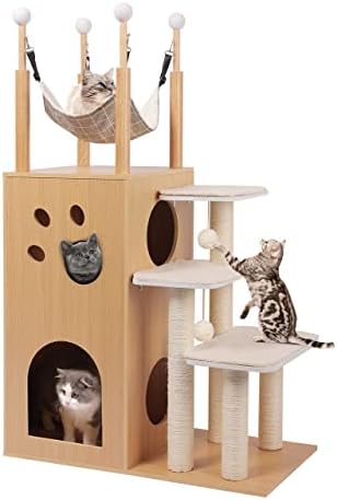 Árvore de gatos modernos, condomínio de torre de gatos de madeira com cobertura totalmente sisal postes de arranhões almofada lavável