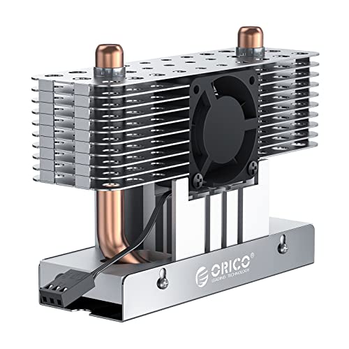 ORICO M.2 SSD dissipador de calor com tubos de calor de cobre, aletas de alumínio atualizadas + ventilador + condução térmica térmica para PC único e duplo-lados 2280 NVME/NGFF M.2 SSD, Silver-M2hs8-Fan