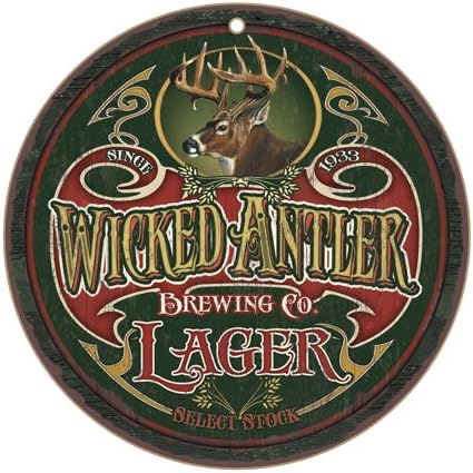 SJT ENTERPRISES, INC. Wicked Antler Brewing Co. Lager 10 Round Wood Plening Sign - Apresenta a obra de arte do licenciamento JQ