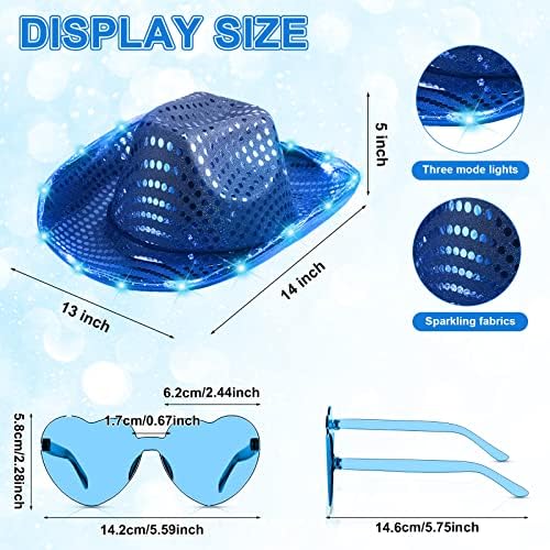 6 Conjunto de chapéu de cowboy LED Light Up Glitter Cowboy Hat com óculos de sol Chapéu de cowgirl de lantejoulas para mulheres