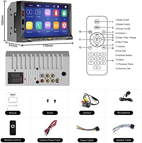 ESSGOO DUPLO DIN CAR SELOTEO Rádio de carro sensível ao toque de 7 polegadas com link de espelho, Bluetooth, câmera de backup, microfone,