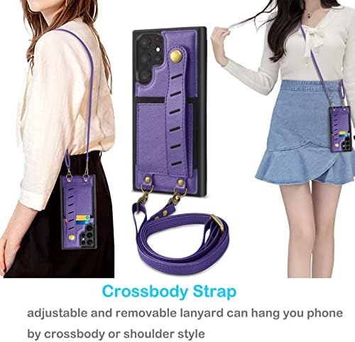 Caixa de carteira tekcoo para galaxy s22 Ultra 5G, porta -pulseira de couro PU Slot para suporte para cartão de couro [Straps de crossbody removível] Tampa traseira protetora da bolsa para Samsung Galaxy S22 Ultra Purple