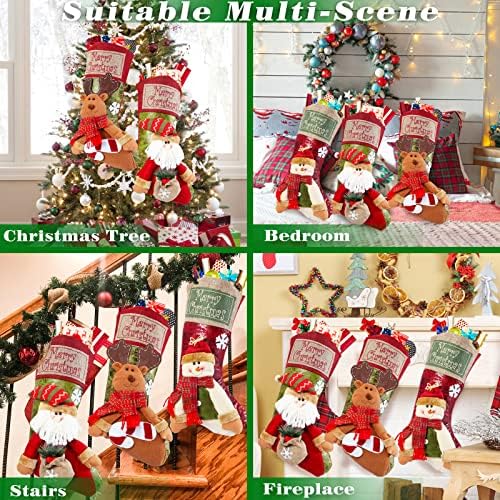 Meias de Natal Linkowin, 3 pacote de meias clássicas de natal 3d, Papai Noel, boneco de neve, personagem de lareira de renas