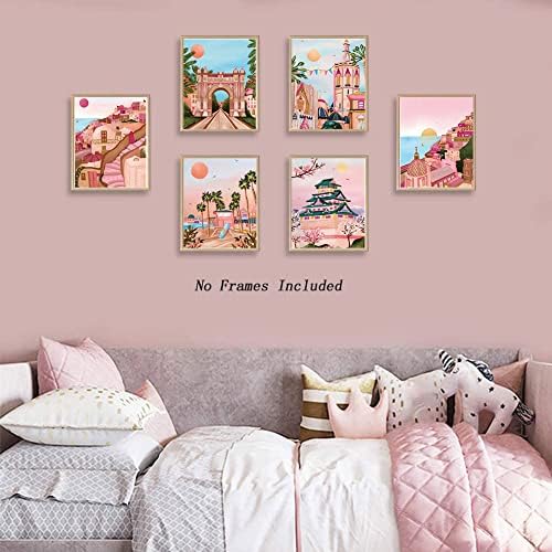 Pôster de viagem qiaoji, arte de parede rosa, pôster da paisagem mundial ， Trendy Cities Art Prints for Home Bedroom - Conjunto