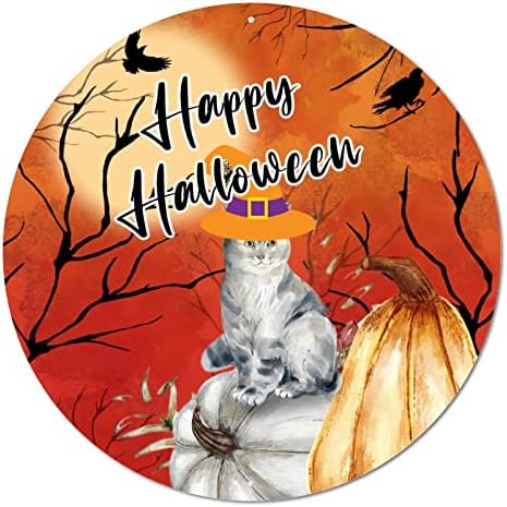 Placa redonda de lata de metal placa halloween abóboras gatos corvos halloween wreath sigl metal impressão de arte engraçada
