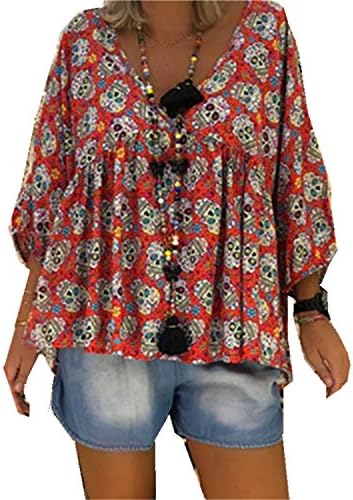 ANDONGNYWELL Women's V Neck Casual Manga solta estampa floral Chifffon Blouse Tunic V Camisa de estampa floral de pescoço