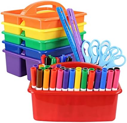 Conjunto de organizador de armazenamento de suprimentos de arte Craftybook - Conjunto variado colorido de 6 cestas de lixo em sala de aula de plástico empilhável e organizador de caddy de utilidade com alças e 3 compartimentos