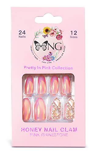 Honey Unhel Glam Pretty in Pink Pink Strass Pressione na coleção de unhas | Acabamento UV, crueldade, livre de crescimento, promovendo pregos em 12 tamanhos | Kit de pregos 24