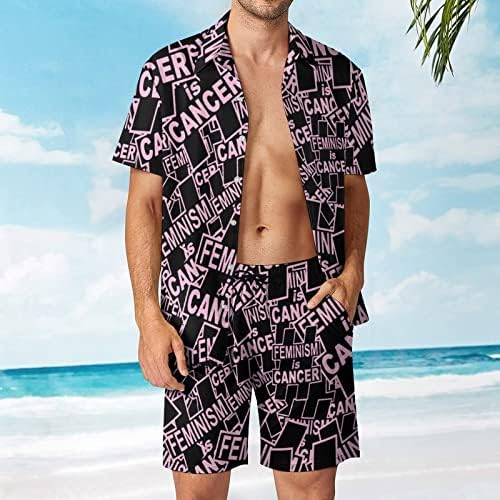 WeedKeycat feminismo é o câncer masculino de praia de 2 peças Hawaiian Button Down camisa de manga curta e shorts conjuntos de troncos