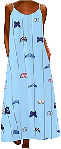 Vestido de verão feminino Casual Floral estampado Bohemian Spaghetti Vestido maxi longo com bolsos praia Vestido longo