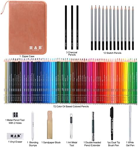 Kit de desenho profissional H&B - 72 lápis coloridos à base de óleo e 12 lápis de esboço com livro e acessórios