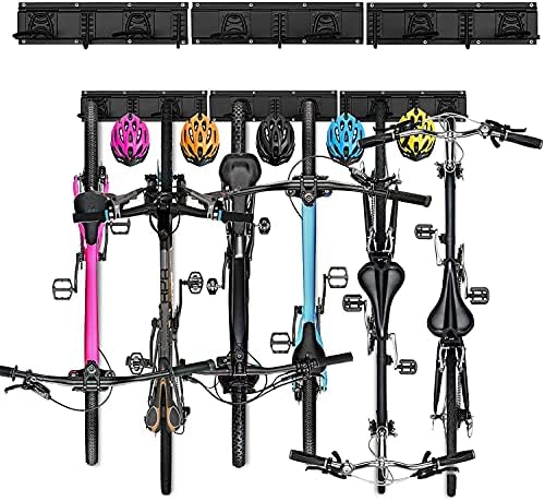 Rack de bicicleta Garagem Montagem de montagem de parede para 6 bicicletas + 5 capacetes, ferramentas pesadas ganchos de armazenamento para economia de espaço em casa ajustável, segura até 500 libras