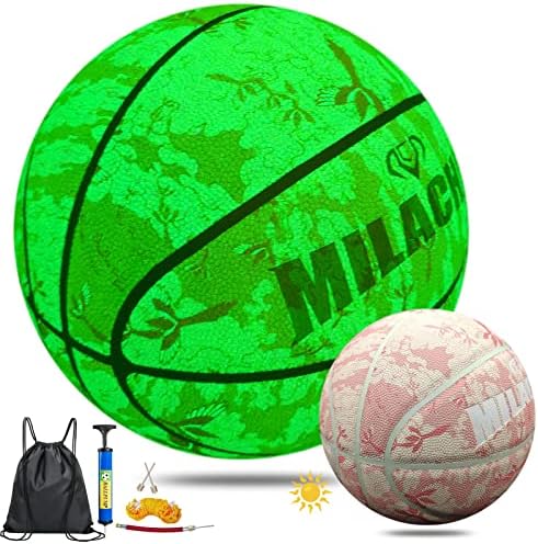 Basquete miláquico, brilho no basquete escuro, presente de basquete luminoso de couro composto para jovens, homens, mulheres, basquete noturno interno fora do basquete 7/6/5 com bomba