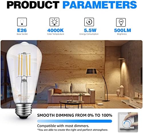 Mastery Mart Dimmable vintage LED Edison Bulbs Cri 95+, E26 LED BULB 5.5W, 4000K FRIO