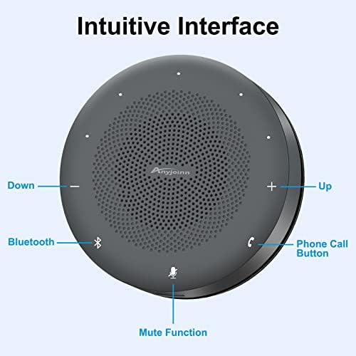 AnyJoinn Bluetooth Speakerphone com 6 microfones, orador da conferência USB com captação de voz aprimorada de 360 ​​°, redução de ruído, alto-falante portátil para escritório em casa, 3 tipos de conexão, plugue USB-C e reprodução