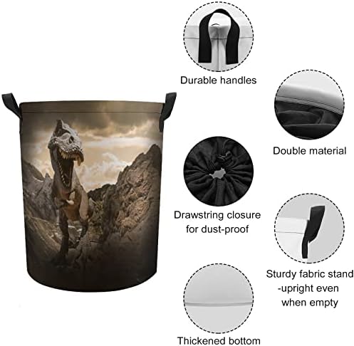 Dinosaur On the Rock 42L Round Roundry Basket Casket Roupas dobráveis ​​Hampers com tampo