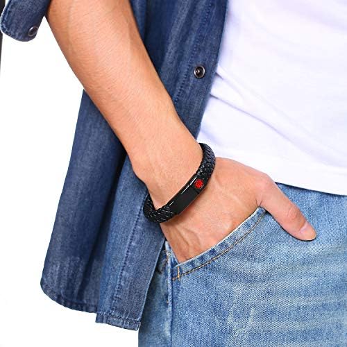 Pulseira médica vnox para homens - couro genuíno em aço inoxidável de aço inoxidável identificação de idiota pulseira para homens,