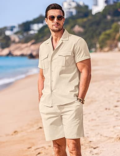 Coofandy masculino masculino de linho de 2 peças de manga curta camisa e shorts roupas de praia casual de verão