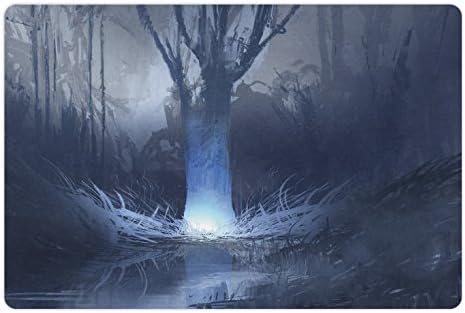 Fantasia lunarável tapete de estimação para comida e água, noite na floresta de neblina com árvores de horror gótico Imagem do tema