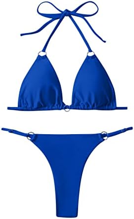 Conjunto de biquíni sexy feminino, halter o-ring swimsuith thong triangle calwearwear sólido duas peças biquíni maiô azul