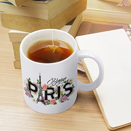 Bonjour Paris Coffee Caneca Eiffel Tower e rosas rosa caneca cerâmica Copos de bebida com alça de copos de café brancos 11 onças para o escritório em casa presente