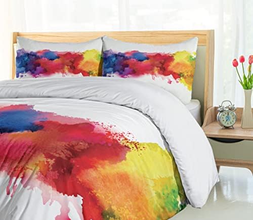 Conjunto de capa de edredão abstrato de Ambesonne, manchas vibrantes de tinta em aquarela respingos de pinceladas pingando arte líquida, cama decorativa de 3 peças com 2 shams de travesseiro, tamanho da rainha, azul amarelo amarelo