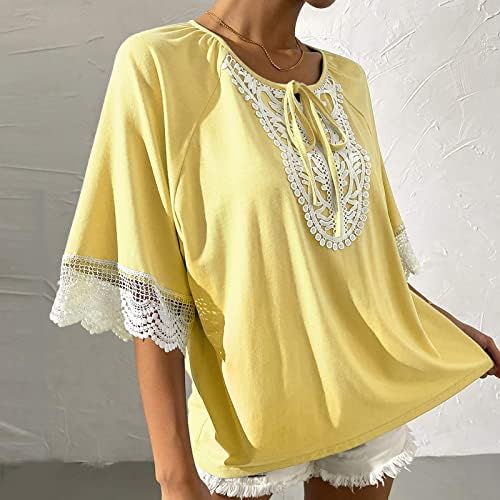 Tops de costura de renda para mulheres de verão Casual redondo pescoço curto pulôver de cor sólida Blouse de nó fofo