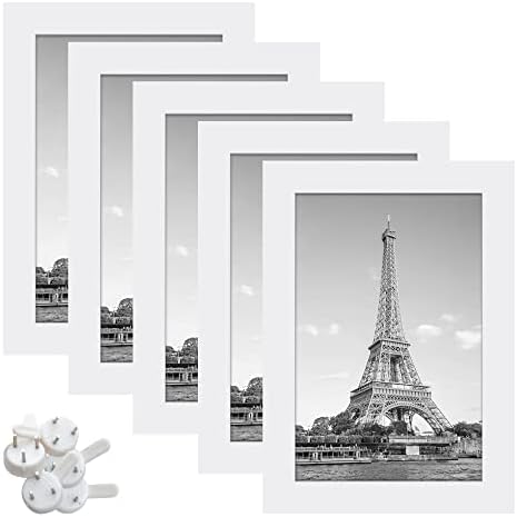 UP -SPIMPLES 4x6 Frame de quadro de quadro de quadro com vidro de alta definição, 5 molduras de pacote para parede e mesa, branco