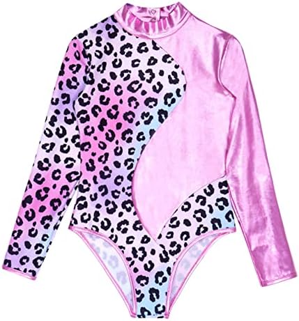 Vernlan Kids Girls Impresso Impresso Shiny Metallic Letard Manga longa Mock Cutout Back Ginástica UNITARD BIKETARD MUNCOSA