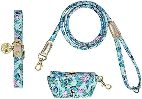 Lilly Pulitzer Dog -Collar e Leash Set com lixo de bolsa, acessórios para caminhada incluem colarinho ajustável,