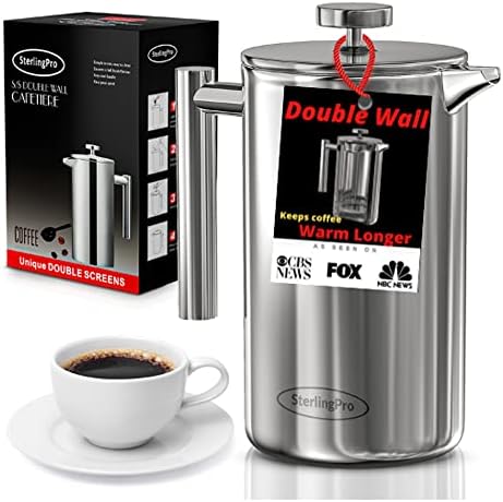 SterlingPro French Press Cafeteira Mãe-Mãe dupla grande prensa de café com 2 filtros gratuitos-café livre de granular