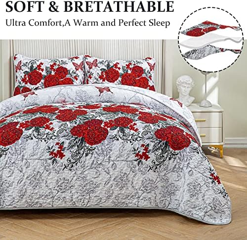 Yiran Red Flower Quilt Set com 2 travesseiros Rose Floral Butterfly Ditread para toda a temporada Coverlet de microfibra suave