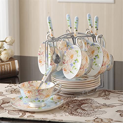 Zhuhw Flores de estilo europeu de 6 peças China de porcelana Tarde de chá de chá de chá de café Conjunto com pir e colher e estande de ferro