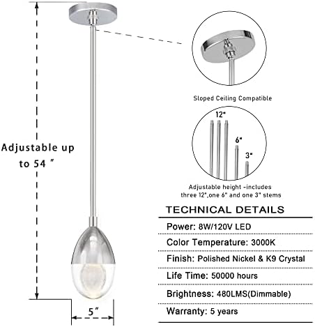 UNSMAMLIFELE 1 LIGHT LIVRE PENENTE PENENTE DE CRISTAL DE CRISTRA, TETOLO DE GLOBO PENAGENDO LUZ DE PEDRO NO NICION POLID, LED DE 8W