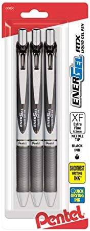 Pentel Energel RTX Pen do gel líquido retrátil, ponta da agulha, linha fina extra, tinta preta, 3-PK