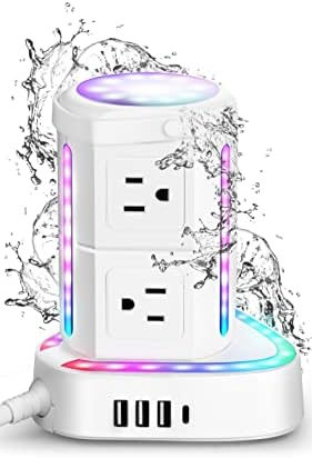 RGB Power Strip Tower com USB C PD 20W, Protetor de Supernação à prova d'água com 6 pontos de venda e 3 portas USB, 2000J 1875W Cordão