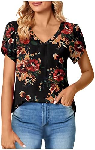 Bloups for Women Casual Casual Casual Summer Floral V pescoço curto Manga curta solteira Baggy confortável camisetas de camisetas