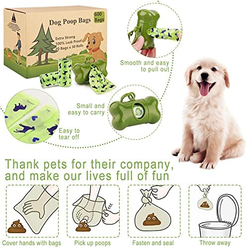 Bolsa de cocô de Amzeeniu, 600 sacos para cães, 30 rolos para cães, grossos e resistentes, fáceis de remover, bolsa de resíduos