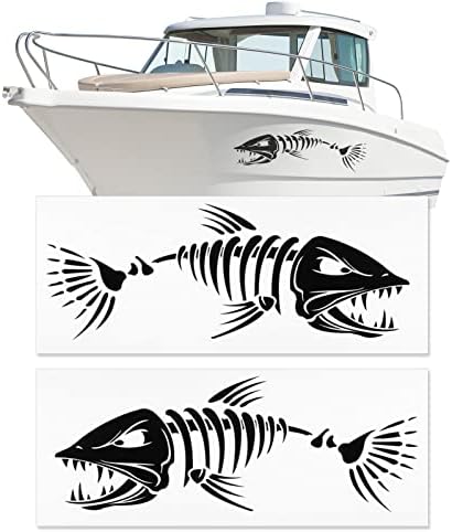 Decalques de peixes de esqueleto de barco - adesivos de pesca de ossos de tubarão marítimo acessórios gráficos para canoa de caiaque SUV, 11 x 38, 2 pcs