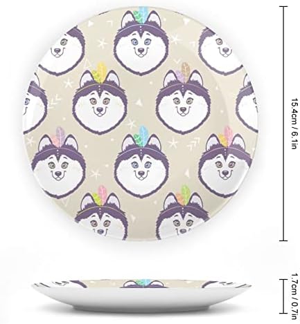 Indian Siberian Husky Funny Bone China Decorativa Placas redondas Cerâmica Craft With Display Stand for Home Office