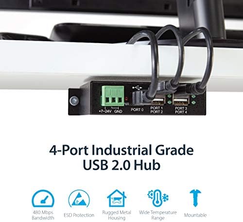 Startech.com 4 -porta USB 2.0 Hub - Metal Industrial USB -A Hub - trilho DIN, parede ou mesa Montável Data USB Hub & Holmes Hapf30At