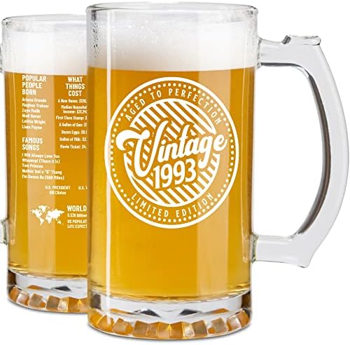 30º aniversário de cerveja de cerveja para homens - 1993 Vintage 25 oz de cerveja de vidro - copo de aniversário para filho de 30 anos, homens e mulheres - 30ª caneca de cerveja para ele - idéias de presentes de trigésimo engraçado, decorações, decorações, decorações