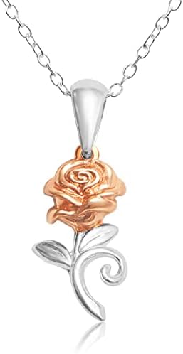 Disney Beauty and the Beast, colar de pingente de rosa de prata esterlina, cadeia de 18